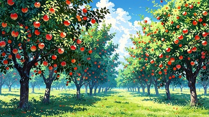 Canvas Print - orchard with ripe apples background design cartoon anime illustration