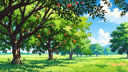 Wall Mural - orchard with ripe olive background design cartoon anime illustration