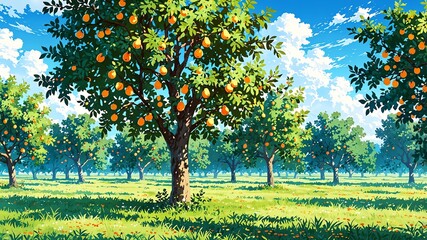 Wall Mural - orchard with ripe pear fruits background design cartoon anime illustration