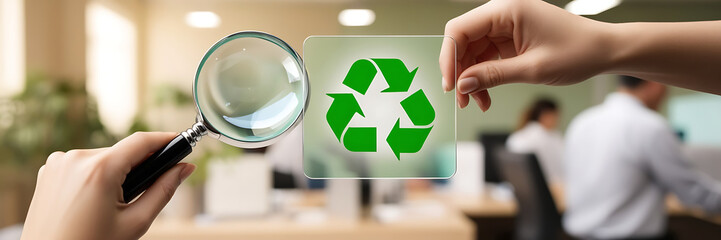 magnifying glass with recycle symbol and reuse, Concepts of waste reduction, pollution, reuse, efficient use of resources