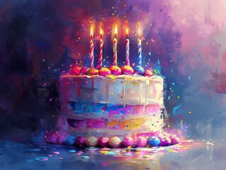 Poster - A colorful birthday cake with lit candles. AI.