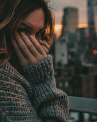 Wall Mural - A woman hides her face behind her hand. AI.