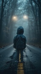 Poster - A child stands in the middle of a road, looking towards the light. AI.