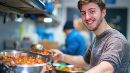 Sticker - A young man smiles while serving food in a kitchen. AI.