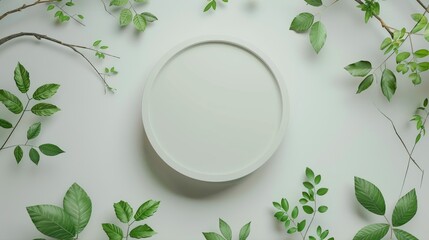 Wall Mural - Top view display of empty podium with green leaves and natural branches on light grey background for eco product mockup