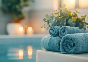 Canvas Print - Rolled towels and green leaves on a counter. AI.