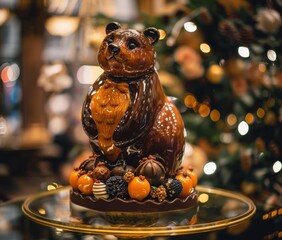 Poster - A chocolate bear sculpture with festive decorations. AI.