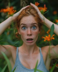 Wall Mural - A surprised woman with freckles looks up at the camera with her hands on her head. AI.