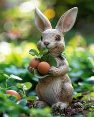 Canvas Print - A bunny holding Easter eggs in a garden. AI.