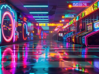 Poster - Neon lights illuminate a futuristic arcade. AI.