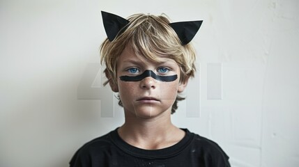 Young boy with cat ears and face paint dressed as a cat. Serious expression, white background. Children's costume and playful creativity.