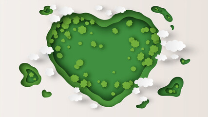 Wall Mural - Paper layer cut of forest aerial view in heart shape. Heart shaped green forest. paper cut and craft style. vector, illustration.