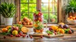 © Manatsavee - Vibrant arrangement of mixed fruits in blender jar on rustic wooden table amidst abundant tropical fruits in bright kitchen setting.