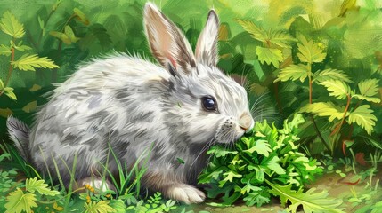 Sticker - A cute white rabbit with black eyes eating green leaves in a lush green forest.