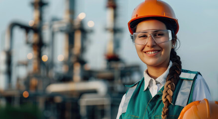 Wall Mural - Smiling female engineer wearing a safety helmet and glasses standing in front of an oil processing plant