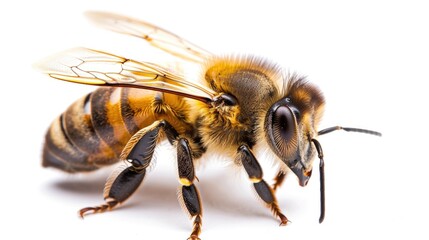 a close-up photograph of a worker bee against a pristine white background, showcasing its intricate wing structure and fuzzy body texture