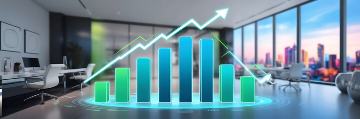 Financial chart with uptrend line graphs and candlesticks. Futuristic network or business analytics.  graph chart of stock market investment trading on blue background. 