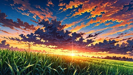 Poster - cornfield under the sunset sky background design cartoon anime illustration