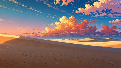 desert with towering dunes colorful sky background design cartoon anime illustration