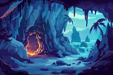 Glowing Cave Entrance on Tropical Island with Bioluminescent Water