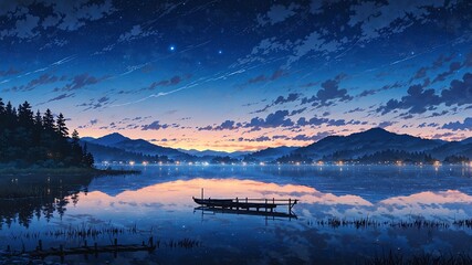 Wall Mural - calm lake at foggy night background design cartoon anime illustration