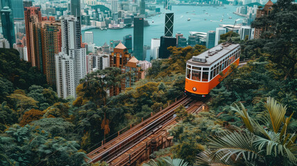 Poster - The classic Hong Kong tram on the peak of travel, overlooking lush greenery and towering skyscrapers, offering breathtaking views over Cyber City and stylized skyline