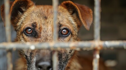 Canvas Print - Homeless dog in animal shelter cage, abandoned and longing for a loving home. 