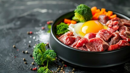 Sticker - Cut dog with dog bowl with raw meat, carrots, broccoli, raw egg yolk on top. Healthy raw food for dog. 