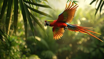 Sticker - A vibrant scarlet macaw with outstretched wings flies through a lush green jungle, sunlight filtering through the foliage.