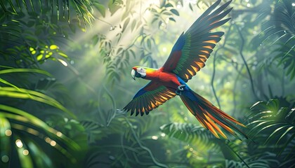 Sticker - A vibrant Scarlet Macaw flies through a lush rainforest, its colorful feathers shining in the dappled sunlight.