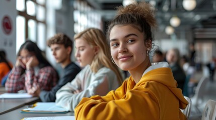 Multi ethnic teenager students taking exam at High School Technical preparation course for University. Creative Banner. Copyspace image