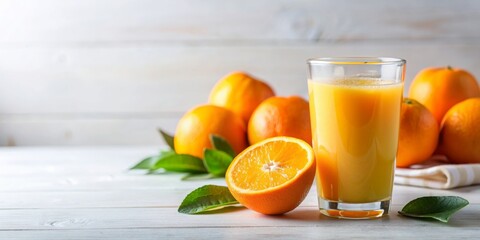 Wall Mural - Fresh orange juice in a glass on a clean white background, orange juice, beverage, citrus, refreshing, healthy, drink, vitamin C