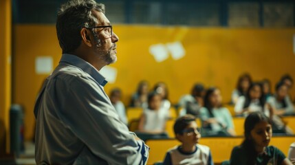 Wall Mural - A professor supervises the studies of high school students in the classroom.