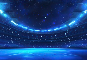 An empty stadium lit with blue lights and a starry sky.