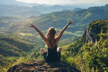 Concept of Nature Boosts Mental Health, a people sit on a rock on a cliff, looking at the mountain view , Generative AI