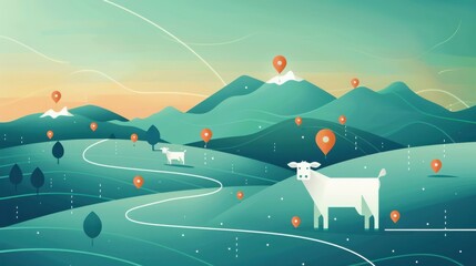 Poster - Livestock tracking, blockchain verifying animal locations, flat design illustration