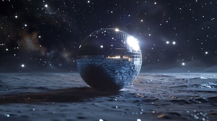Wall Mural - disco ball reflection with star moon night space background for surreal universe space concept.