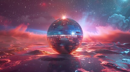 Wall Mural - futuristic disco ball reflection with night sky stars space view for dreamlike digital fantasy illus
