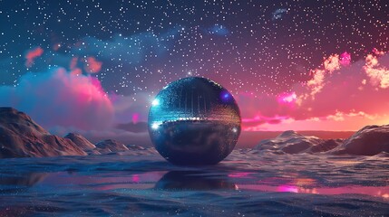 Wall Mural - shiny sphere reflection with colorful star sky night mountain view for futuristic digital nature dre