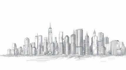 A simple pencil sketch of a city skyline, featuring tall buildings and architectural details, drawn in a doodle-like style on a white background.