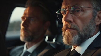 Poster - Close-up of two business partners discussing plans in a car, serious and focused, business travel, Portrait half-body, hyper-realistic, high detail, photorealistic, Key Light, Fill Light