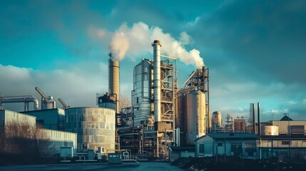 The industrial plant features towering structures and smokestacks against a clear sky, representing the core of manufacturing and its environmental footprint.