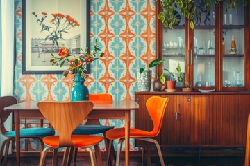 A kitchen and dinning room features clean lines, classic design, and functional elegance, combining vintage charm with contemporary elements for a stylish cooking space.