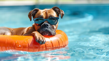 Canvas Print - Brown boxer dog in sunglasses relaxing in the swimming pool with orange floating ring. Summer holidays, vacation with pets, relaxion, spa, resort, hotel.