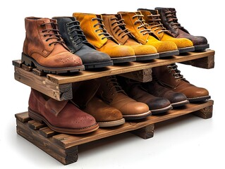 A wooden rack with various pairs of boots.