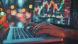 © Phichaphat - Hands typing on a laptop, analyzing data with a colorful financial chart in the background, in a dynamic urban environment.