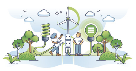 Wall Mural - Clean energy revolution and green electricity production outline concept, transparent background. Using sustainable alternative power source for lighting as nature friendly solution illustration.