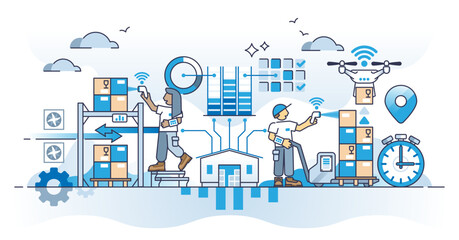 Wall Mural - Inventory systems as warehouse supply and order management outline concept, transparent background. Modern and smart stock automation with parcel monitoring and demand control.