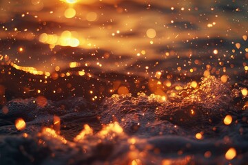 Sticker - A close-up view of a vibrant sunset casting a fiery glow over the rippling water surface, Ember-like sparks dancing in a sea of intense heat