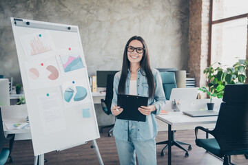 Wall Mural - Photo of attractive young woman graph presentation dressed denim clothes executive business leader work comfort beautiful office interior